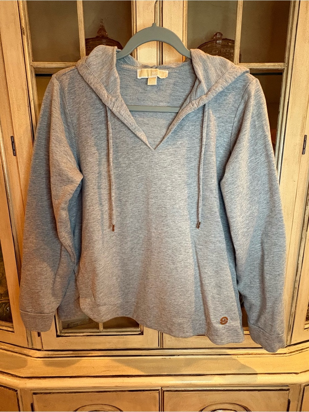 Michael Kors Light Gray V-Neck Hoodie with Silver MK Hardware
